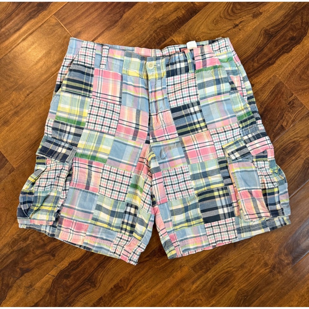 Martha Vineyard Vines Vtg Plaid Patchwork Cargo Men 33 Cotton Shorts Bright